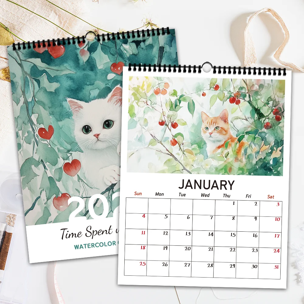 1 unidad, calendario de pared serie gato floral pintado a mano 2026, serie gato, 12 diseños, calendario de pared, cumpleaños, Navidad, regalo de Año Nuevo