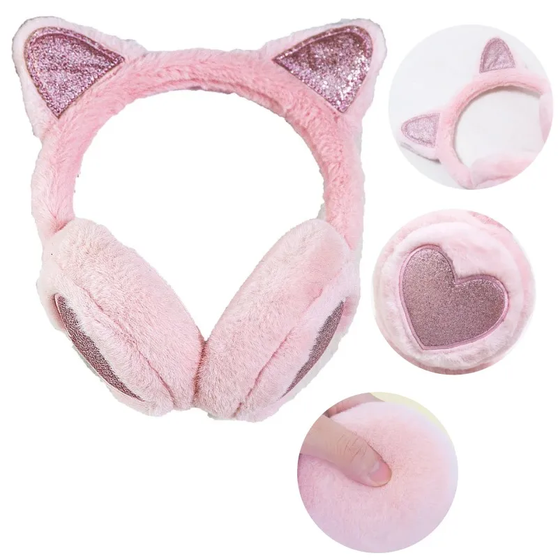 Cute Glitter Cat Ear Earmuff Soft Plush Warmer Winter Warm for Women Men Fashion Solid Earflap Outdoor Cold Protection Ear Cover