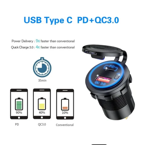 QC3.0 USB 48W C PD 18W Car Car Quick Charge Socket with Switch Start Waterproof and Dustproof for Marine Motorcycle AVT