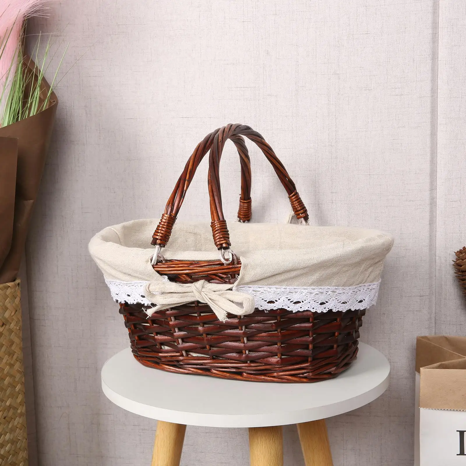 سلة نزهة من الخيزران صديقة للبيئة مع مقبض قابل للطي، سلة تخزين منسوجة محمولة مثالية للاستخدام في الحمام والهدايا