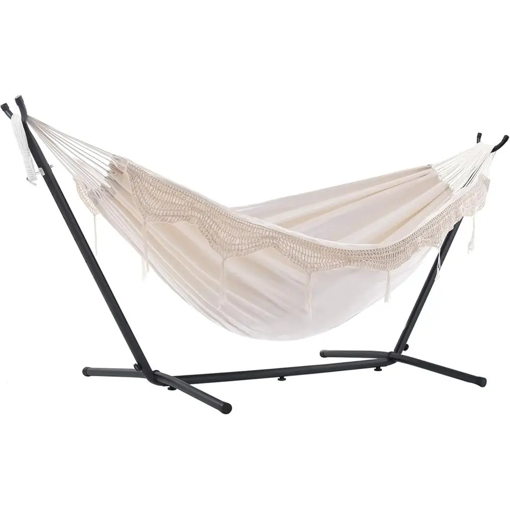 Double Cotton Hammock with Space Saving Steel Stand, Upgraded Polyester End Strings 450 lb acity - Premium Carry Bag Included -