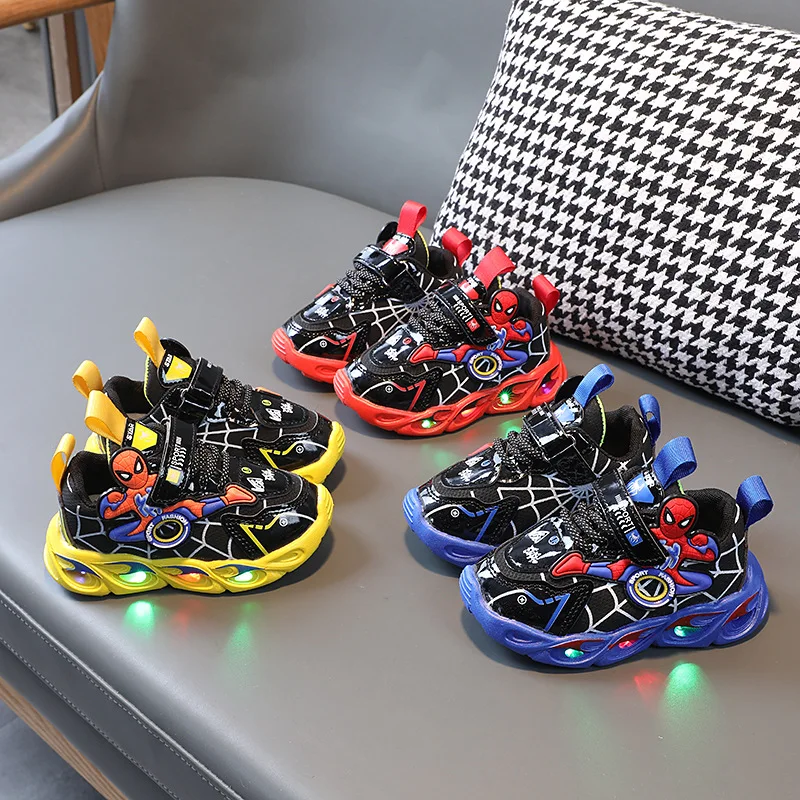 Children Students Boys Velcro Running Shoes Lithe Cartoon Spider-man LED Light Sneakers