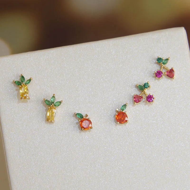 Fashion Brand Jewelry Cute 6 Pcs Fruit Zirconia Stud Earrings for Women Cute Apple Grapes Multicolor Earrings Set