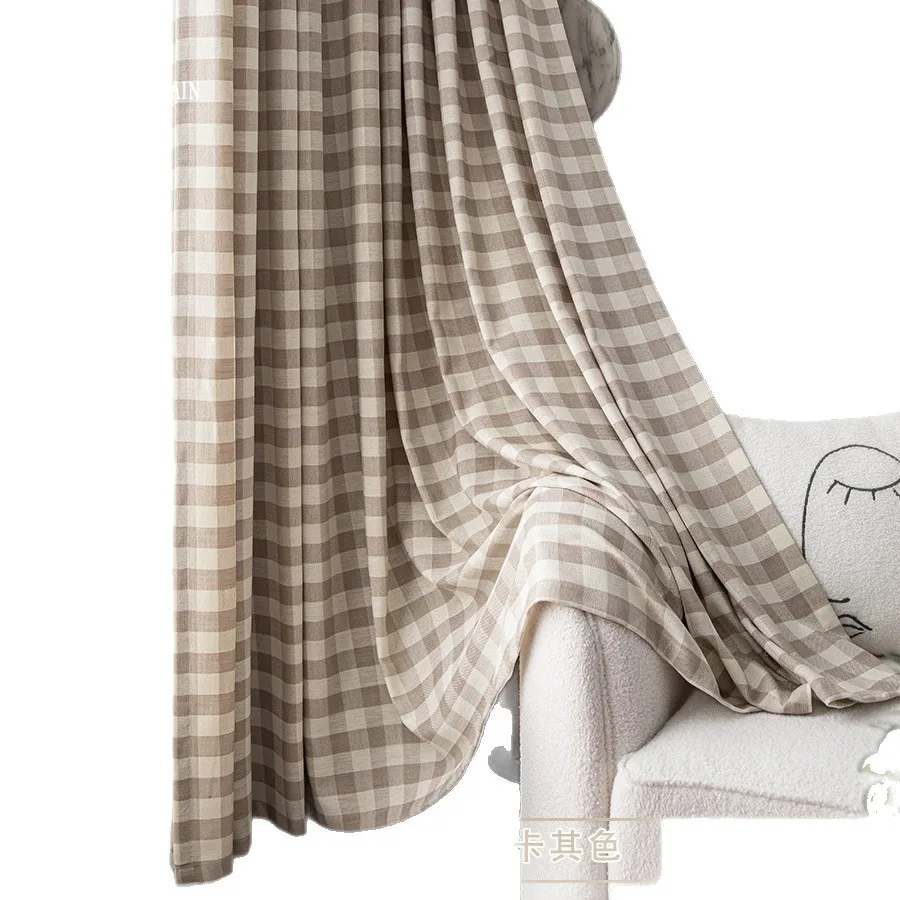 Japanese style cotton linen curtains semi-shading new style small fresh pastoral literary plaid curtains for the bedroom