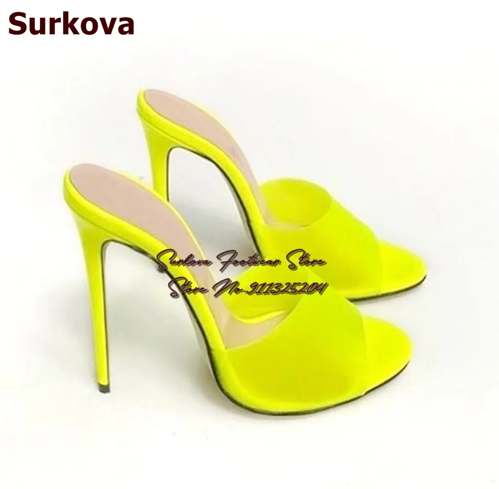 Surkova Neon Yellow Green Transparent PVC High Heel Slippers Hologram Iridescent Clear Patchwork Summer Dress Shoes Leopard