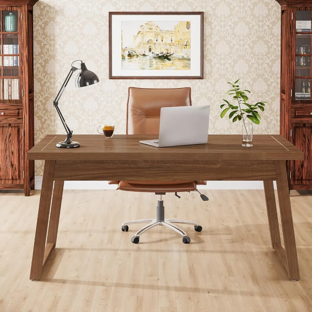 Home Office Executive Desk: 55 Inches Wooden Computer Desk with Drawer, Mid-Century Modern Study Writing Table, Rustic PC Lapto