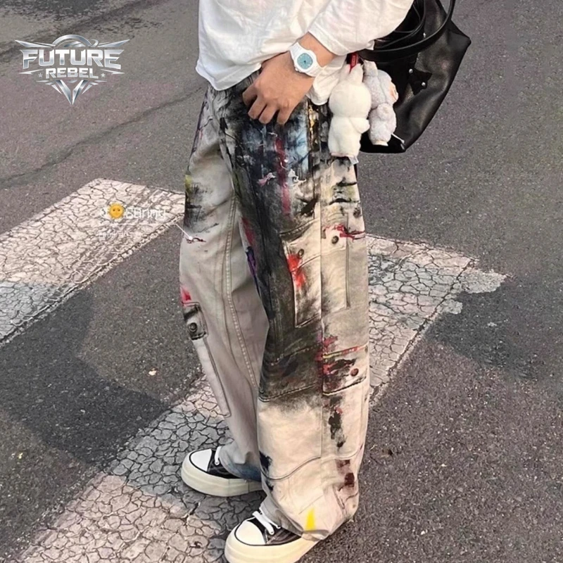 

New Street Style Hip Hop Tie Dye Denim Jeans Men Wide Leg Baggy Fit Casual Fashion Comfortable Y2K Gothic Denim Unisex Harajuku