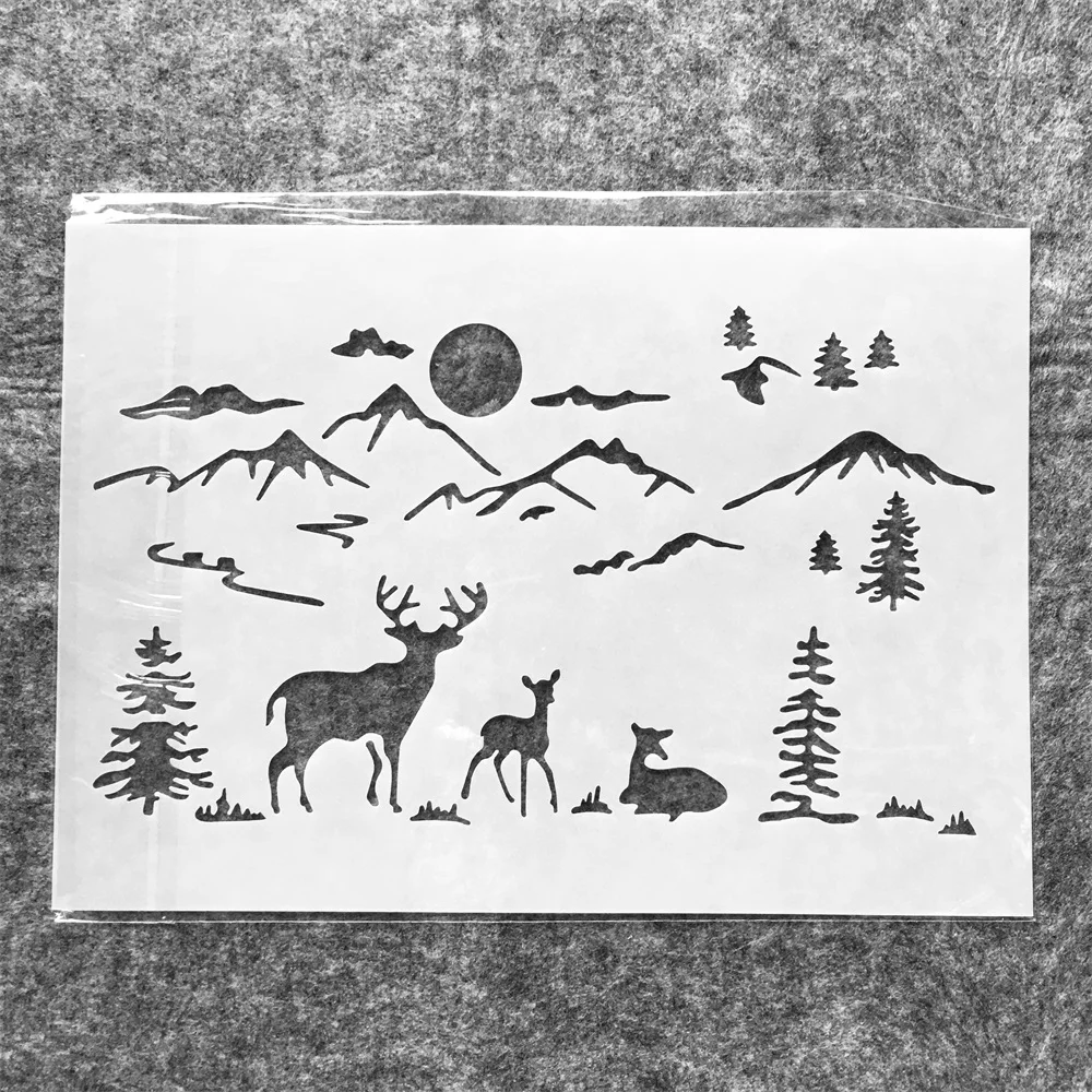 A4 29cm Mountain Deer Sun Tree DIY Layering Stencils Wall Painting Scrapbook Coloring Embossing Album Decorative Template