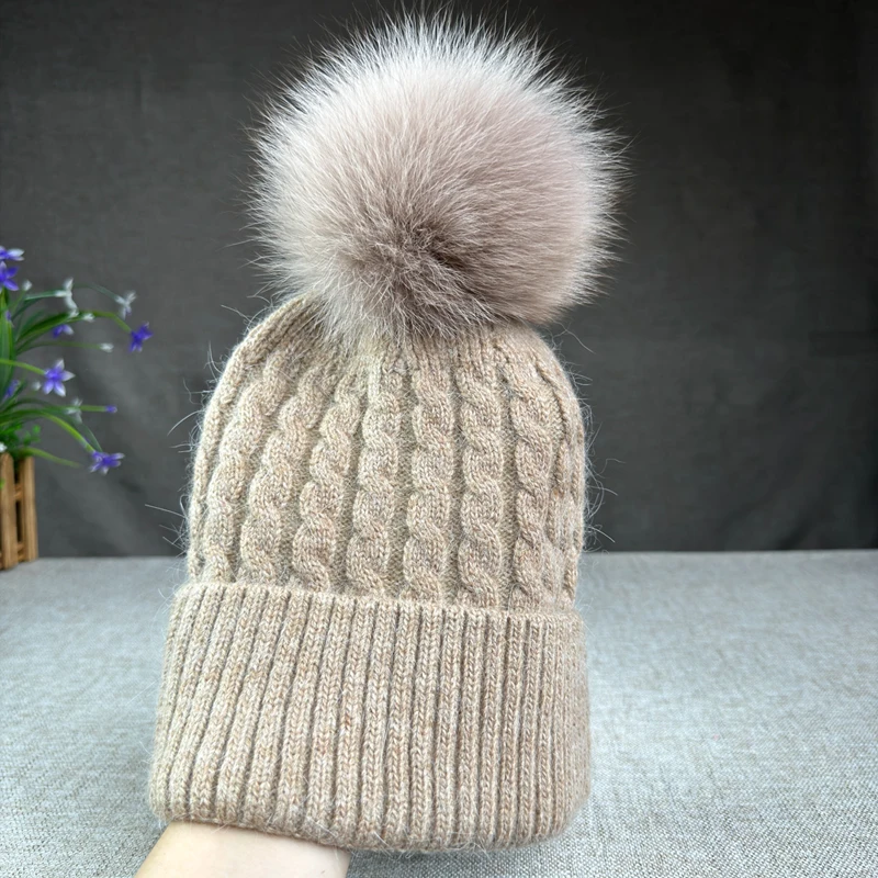 2024 New winter twisted knitted women's hat real fox fur ball Angora rabbit fur hat women's warm skiing Christmas