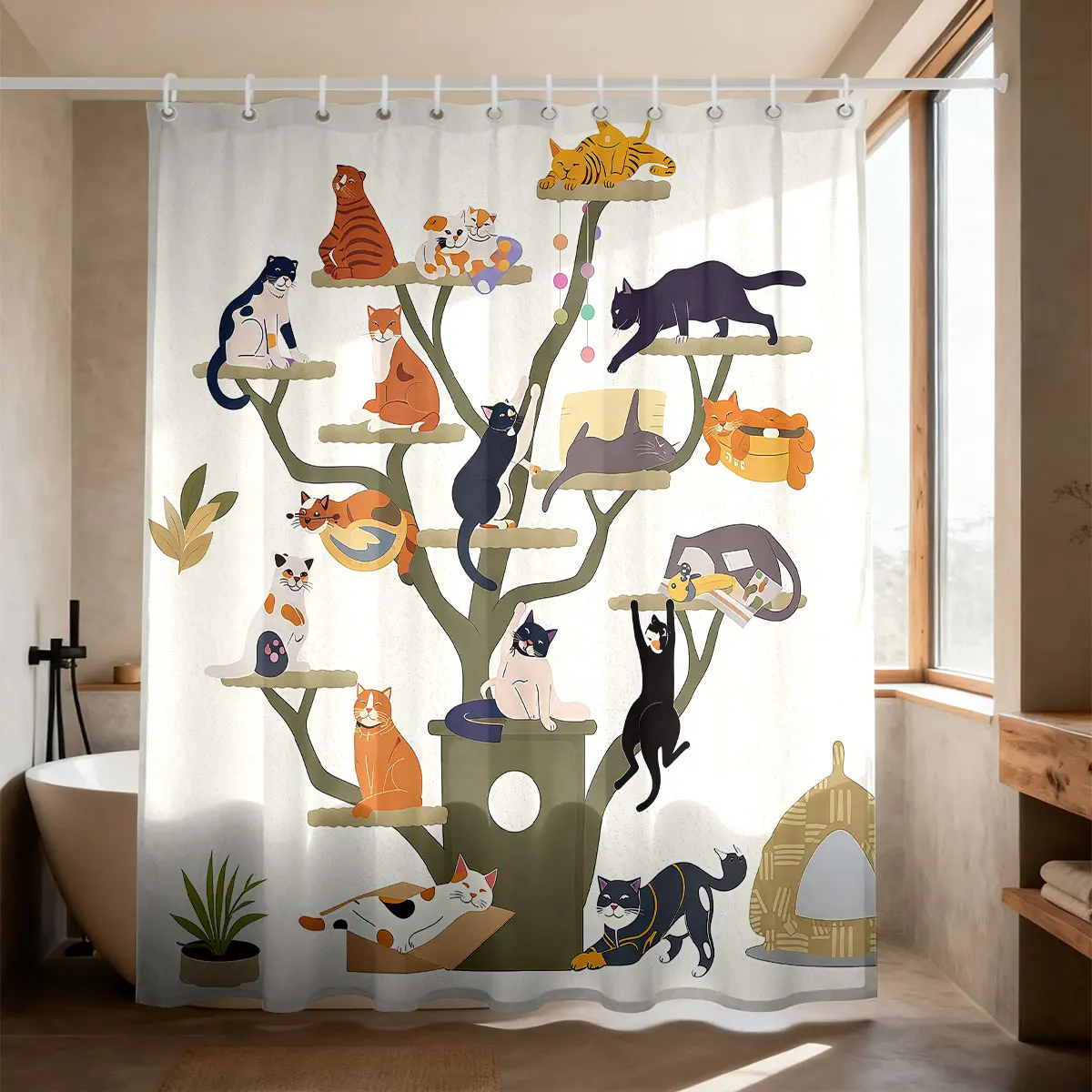 

Cute Cat Tree Printed Shower Curtain Multi Size Partition Privacy Hanging Curtain With 12 Hooks Fashionable Bathroom Decoration