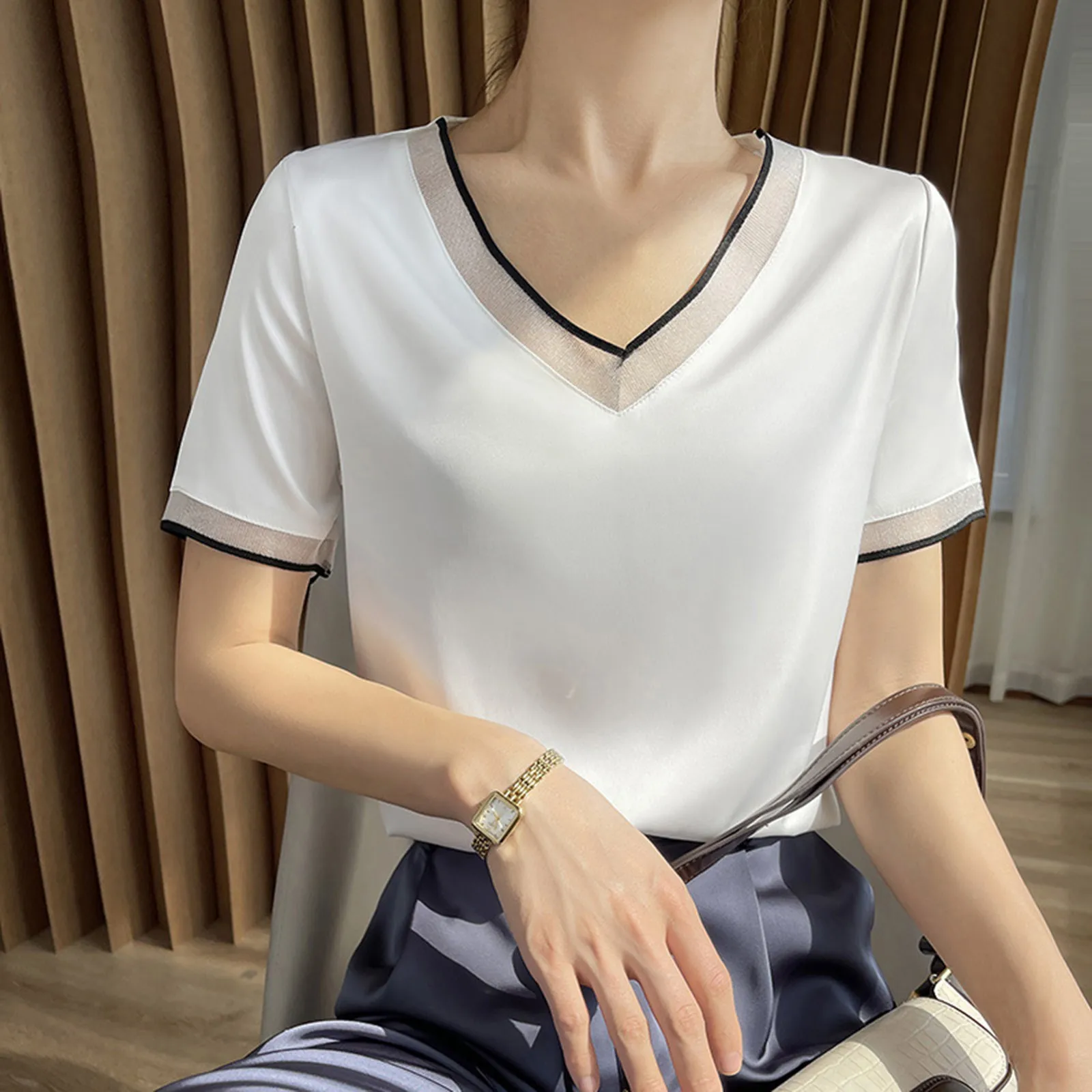 Summer Short Sleeve Women\'s T Shirt New Fashion Simulation Silk Satin Short Sleeve T Shirt Mesh Splicing V Neck Solid Color Tops