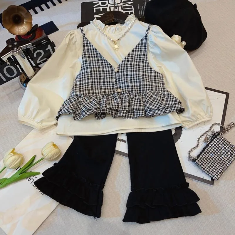 

Girls Set 2025 Autumn Spring French Style Fashion Trendy Elegant Long Sleeve Top Plaid Spaghetti Strap Pant Three Piece Set