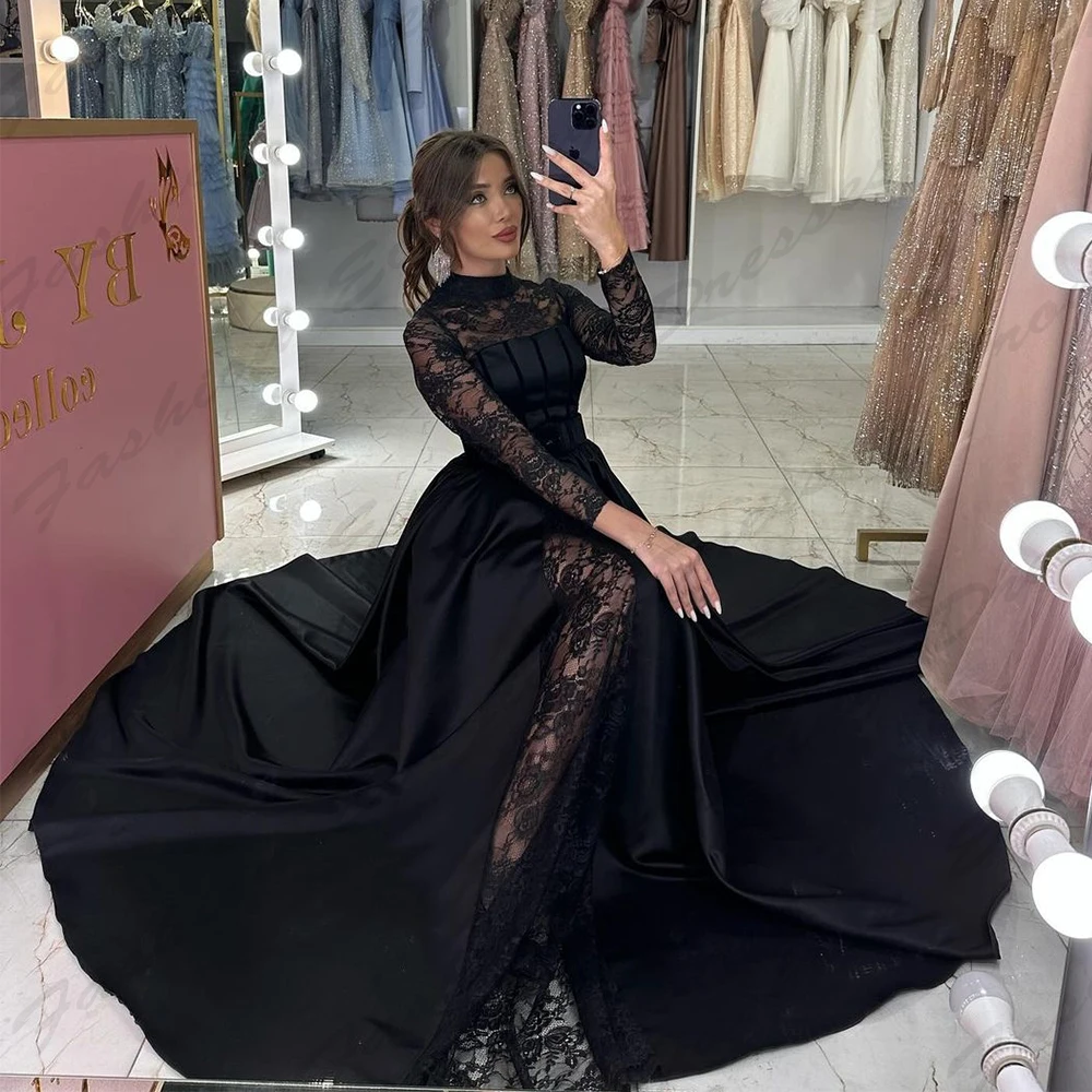 

Elegant Beautiful New Evening Dresses For Women Fashion Round Neck Long Sleeves Female Lace Applique Simple Mopping Prom Gowns