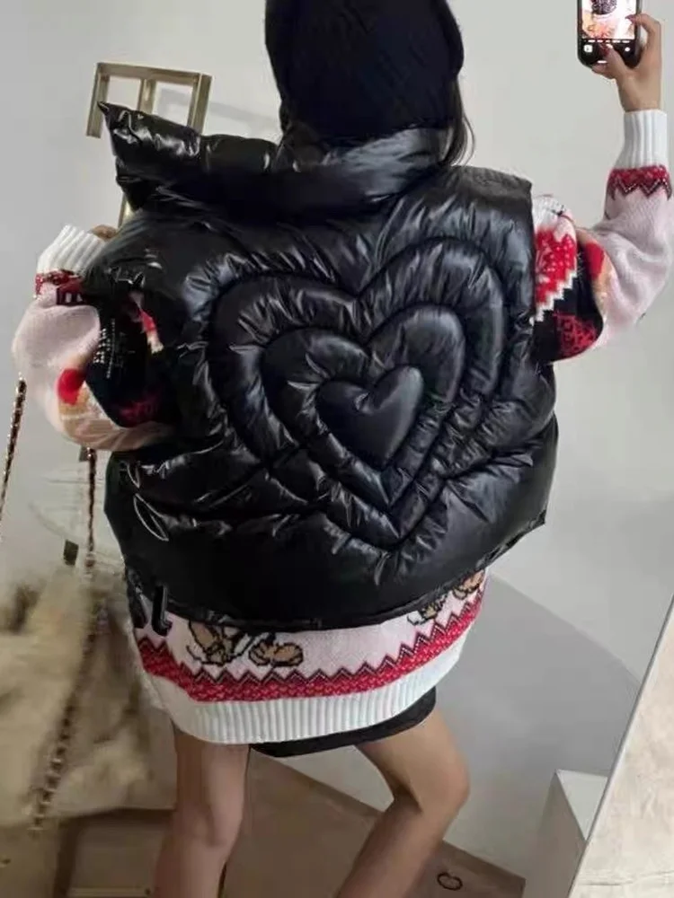 

Loose Women's down Cotton Vest Heart aped Thiened Warm Anti-Aging Puffy oulder Coat Trendy Long Sve Zipper Closure