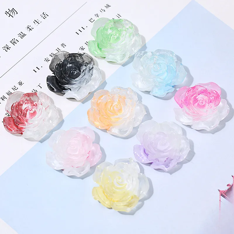 10pcs DIY Resin Flower Flat Back Cabochon Lovely Transparent Luminous Roses Flatback for Christmas Ornament Scrapbook Accessory