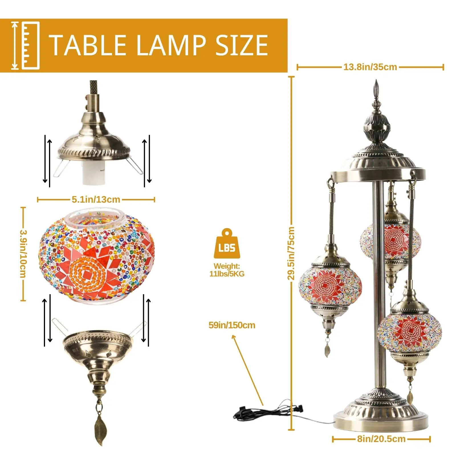 Turkish Mosaic Table Lamp 29.5" - 3 Globe Handmade Bohemian Glass, Metal Base Mood Lighting with LED Bulbs, Living Room