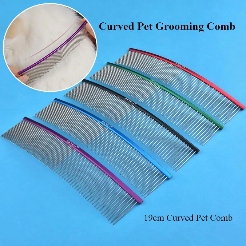 19cm Pet Curved Comb Stainless Combs Professional Pet Grooming Comb Dense Sparse Teeth Dog Cat Cleaning Brush Open Knot Combmb