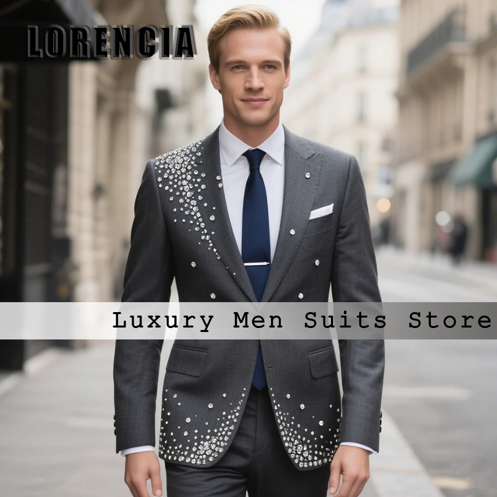 

Exquisite Diamong Suits for Male 2 Pieces Flat Collar Tuxedos Wedding Groom Outfits Customized Blazer Pants trajes para hombre
