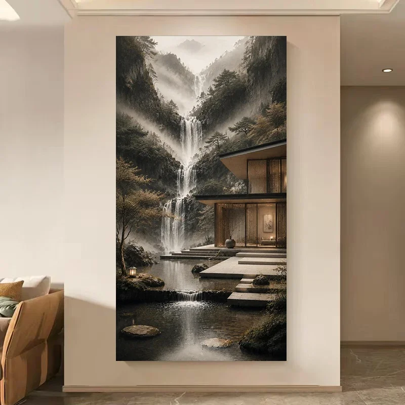 Tranquil Waterfall Cascade Zen Garden Landscape Nature Poster and Prints Canvas Painting Wall Art Pictures Home Decor Cuadros