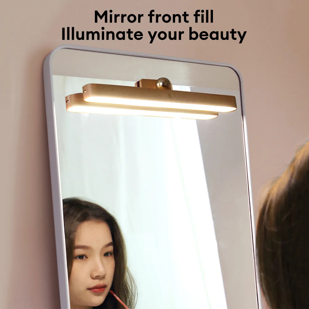 USB Magnetic Charging Wooden Mirror Front Fill Light Wireless LED Night Light 360°Rotatable Touch Wall Light for Bedroom