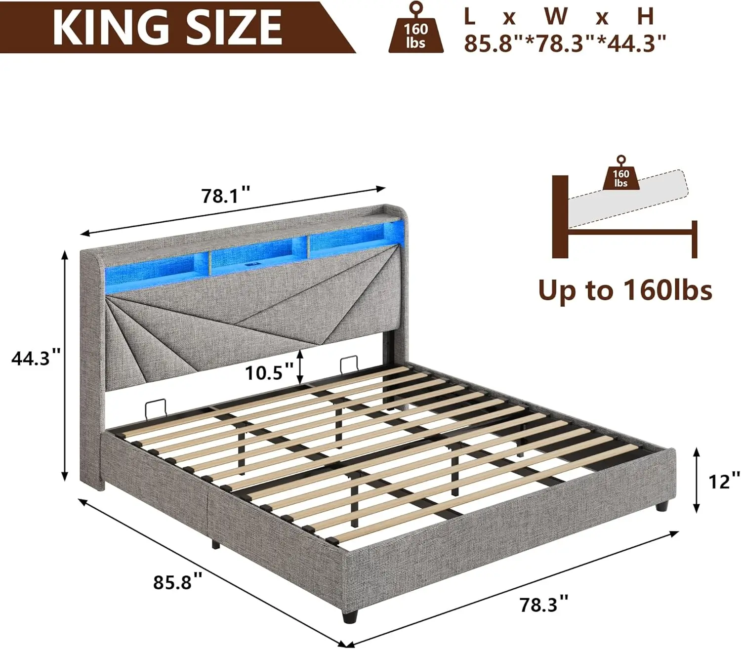 King Size Bed Frame With Storage, Lift Up Upholstered King Bed Frame With Charging Station And Led Lights Headboard, No Box