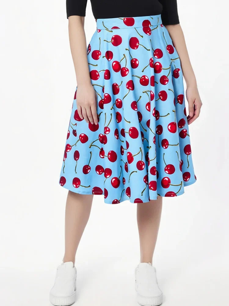 

Retro Vintage Cosplay Custume Runway Party Dance Skirts Red Cherry Blue Big Swing 1950s Style Casual Skirts Back Button Skater