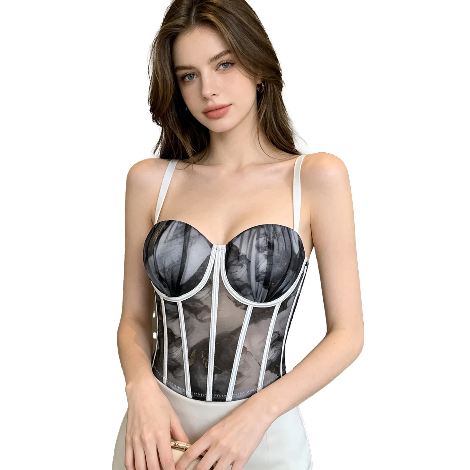 Women Fashion Print Padded Cup Corset Vest Supportive Underwire Push-up Boned Bustier Crop Top for Club Party Travel Streetwear