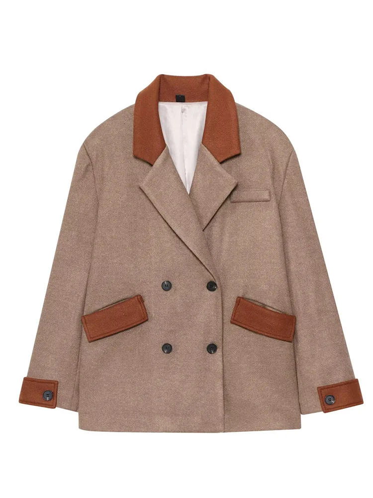 

European style new women's fashion versatile temperament double-breasted long-sleeved splicing wool coat