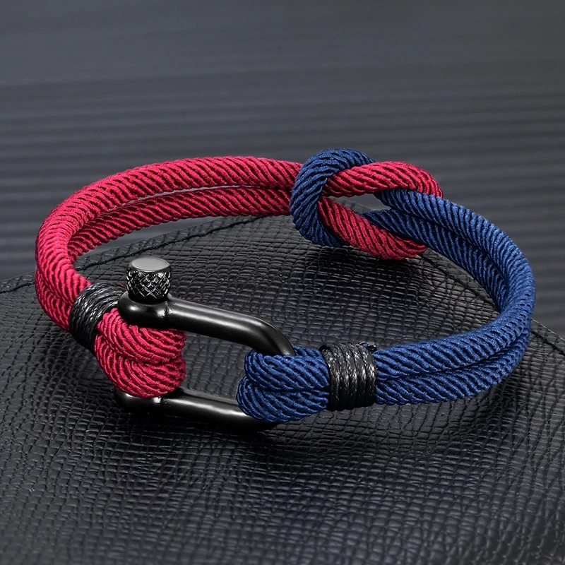 MKENDN Two-Toned Knot Nautical Rope Bracelet Men Women Outdoor Surfer Bracelet Black Stainless Steel U-shape Shackle Buckle