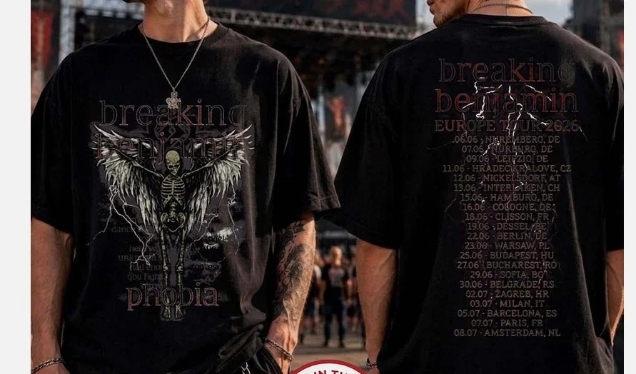 2026 Breaking Benjamin Europe Tour 2026 Double Sided Print T Shirt Winged Skeleton Phobia Album Rock Oversized Tee