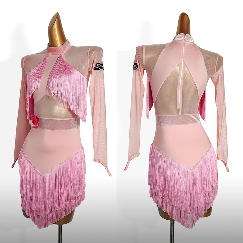 

2024 Latin Dance Dress For Women Pink Long Sleeved Fringe Dress Chacha Rumba Tango Adult Female Latin Dance Costumes DN17504