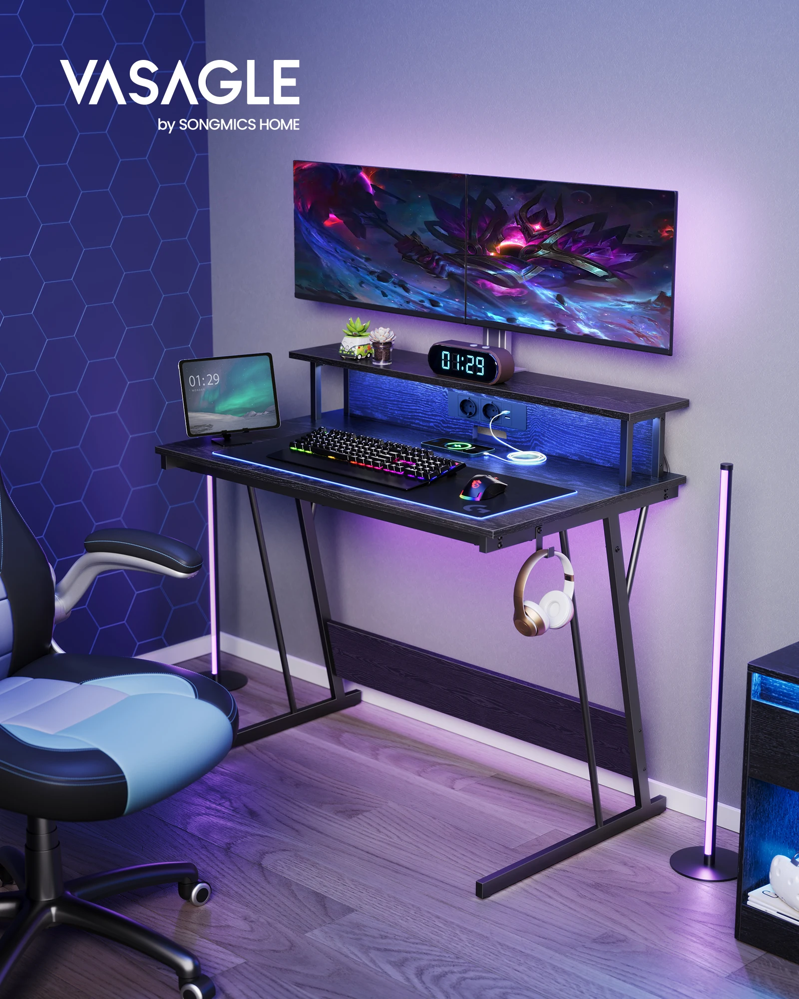 Bureau Gaming avec LED et Multiprise,avec Rehausseur d’Écran, pour 2 Ordinateurs, 100 x 60 x 76 cm, Noir Boisé