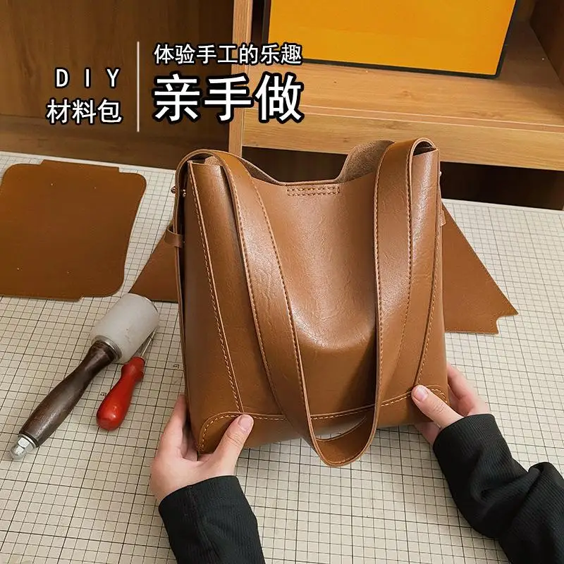 DIY Knitted Bag - Solid PU Leather Bucket Bag - Versatile Large Capacity Shoulder Bag - Beginner Set Dark Gray Womens Bag