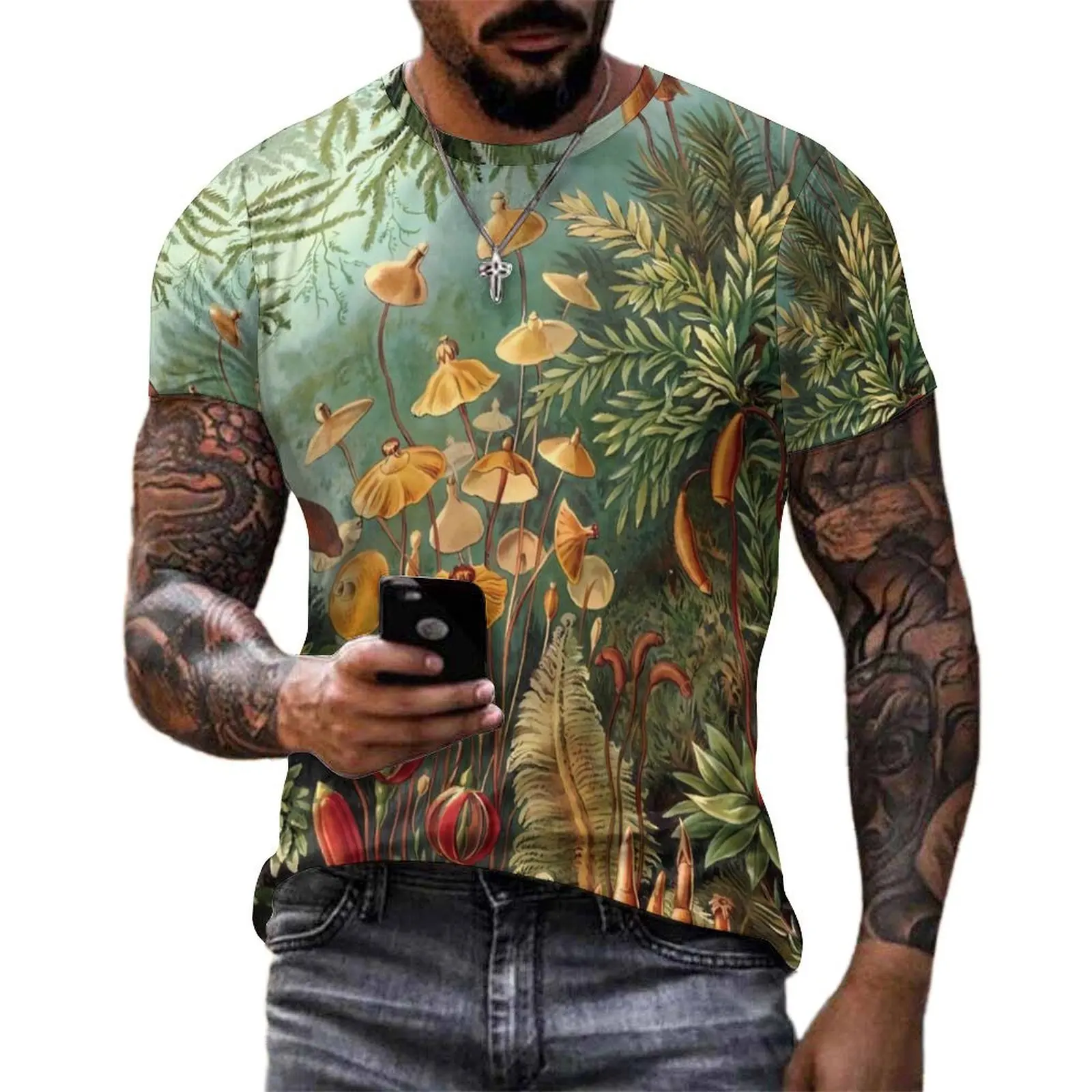 Vintage Moss Plants T Shirt Forest Print Classic T Shirts O Neck Popular Tee Shirt Beach Mens Graphic Top Tees Plus Size