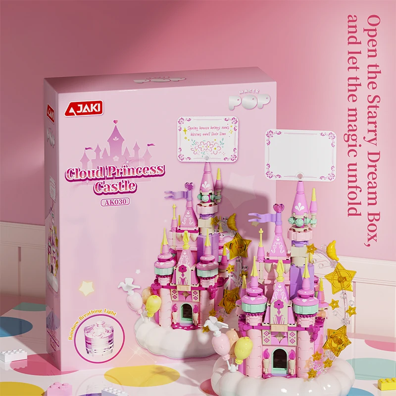 Romantisches Wolkenprinzessinnen-Schloss Bausteine mit Regenbogen-Atmungslichtern DIY Architektur-Spielzeug Schreibtisch-Geschenke für Mädchen