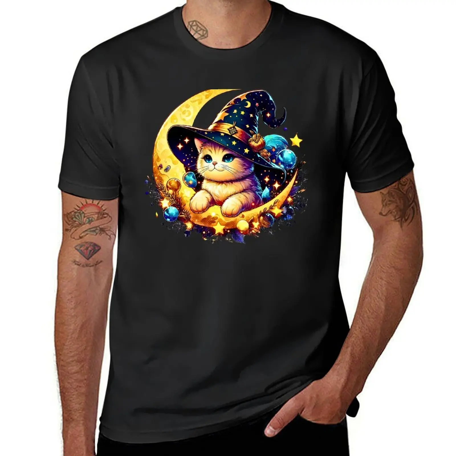 Meowgical Cat With Stars And Moons T-Shirt sublime oversized aesthetic clothes graphics mens cotton t shirts