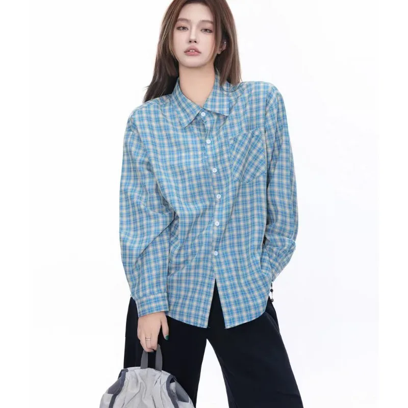 Spring Autumn Unisex Couple Yellow Checkered Plaid Shirt Long Sleeve Blouse Casual Sun‑protection Streetwear Shirt Female Tops