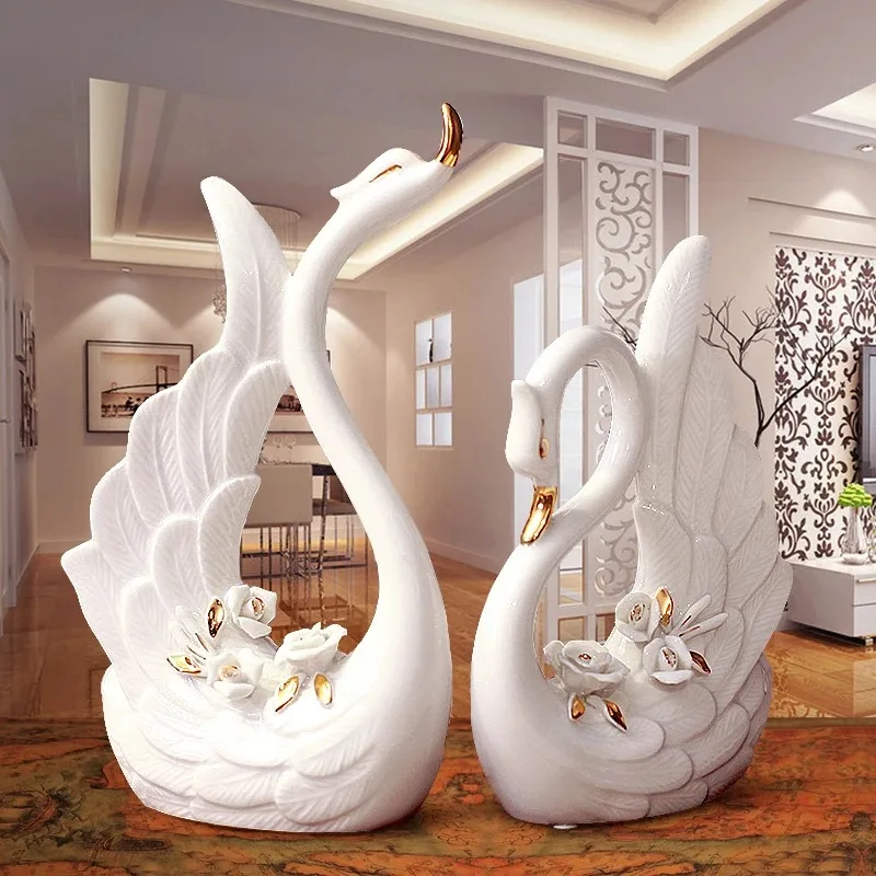 A Pair White Swan Lovers Home Decor Ceramic Crafts Porcelain Animal Figurines Wedding Decoration Lovers Gift W3075