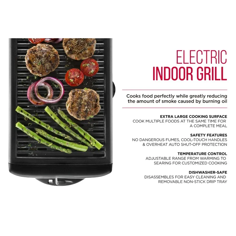 Electric Indoor Grill Smokeless with Non-Stick Cooking Surface Adjustable Temperature for Healthy Cooking