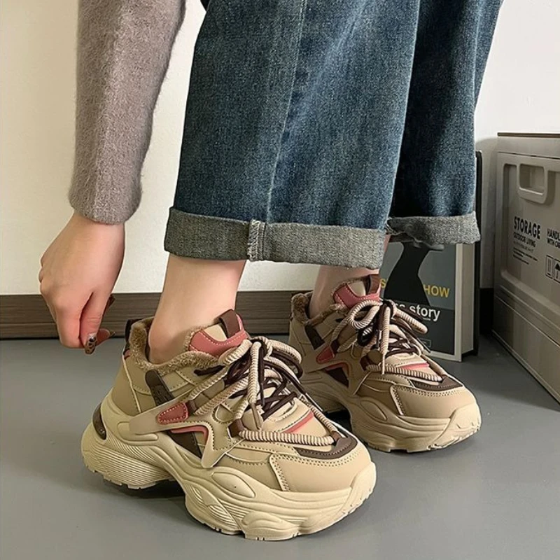 Fleece Lined Women's Clunky Sneakers 2025 Winter New Student Versatile Thick Sole Korean Style Trendy Shoes for Women​