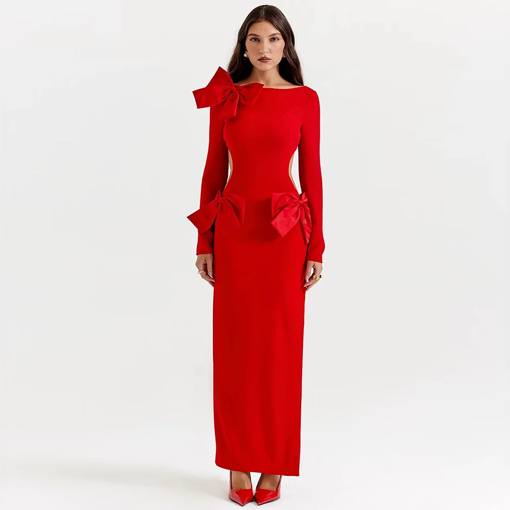 Modern Prom Dress Red Long Sleeves Bows Boat Neck Maxi Column Prom Gowns for Women 2025 Open Back Ankle Length Formal Party Gown