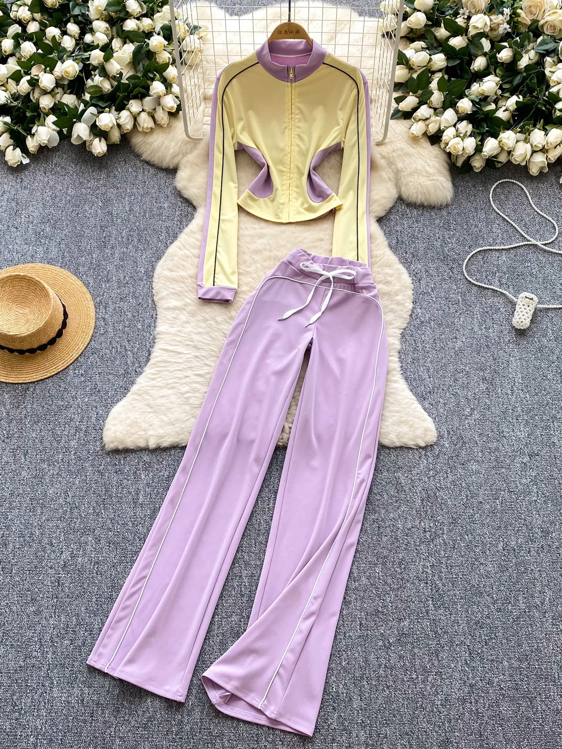 Faionable Sportswear Set for Women Zipper Slim Fit Long Sve High Collar Top Yoga Casual Pants Color Blo Design