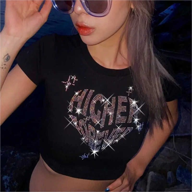 T-Shirt Gothique Sexy avec Strass Bling pour Femme, Streetwear Noir, Vintage, Lettre Mignonne, Vêtements Y2k, Punk, Slim, Crop, Y-Tees