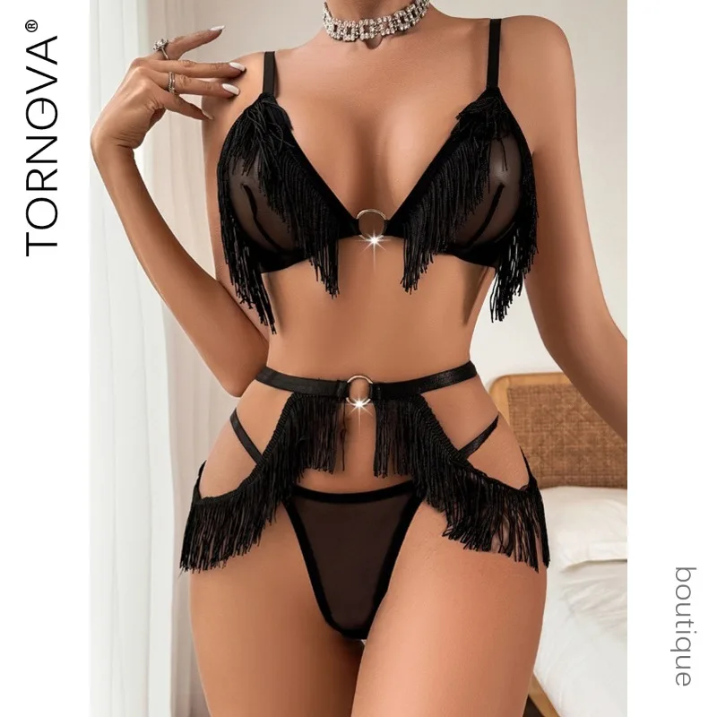 

Tornova Sexy Clothes Women Lingerie Hot Tassel Triangle Cup Comfortable Perspective Mesh Hollow Out Sexy Lingerie 3-piece Set