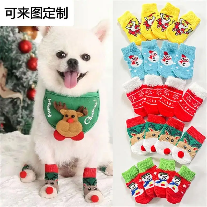 4pcs Christmas Winter Pet Dog Socks Small Cat Knit Warm Socks Dog Anti-Slip Socks Chihuahua Thick Pet Paw Protector Booties