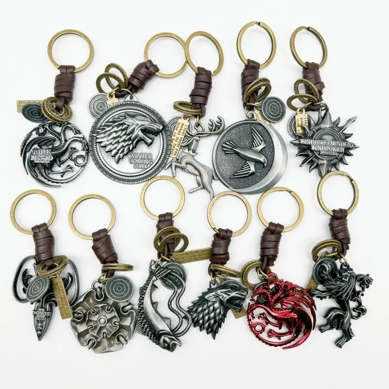 Fashion Retro Keychain Wolf Head Dragon Badge Pendant Key Chains Metal Leather Keyring Souvenir Accessories Men keychain Gift