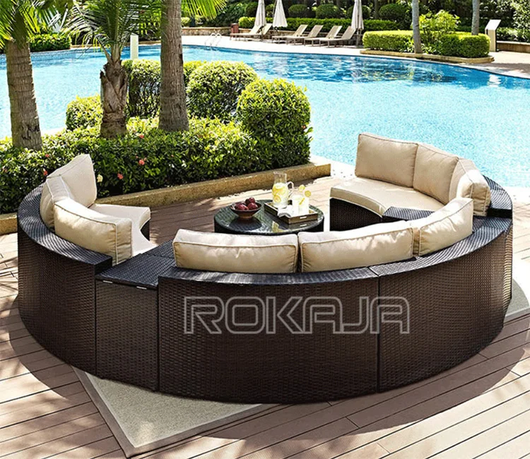 Semicircle Shaped Design Outdoor Patio Sofa Rattan,Swimming Pool Sofa And Coffee Table Furniture Combination