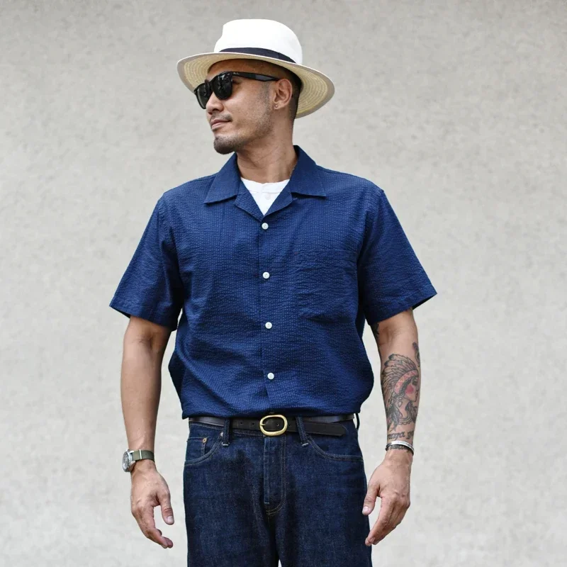 Sauce Zhan Mans Shirts Indigo Seersucker Short Sleeve Shirt for Men Vintage Regular Fit