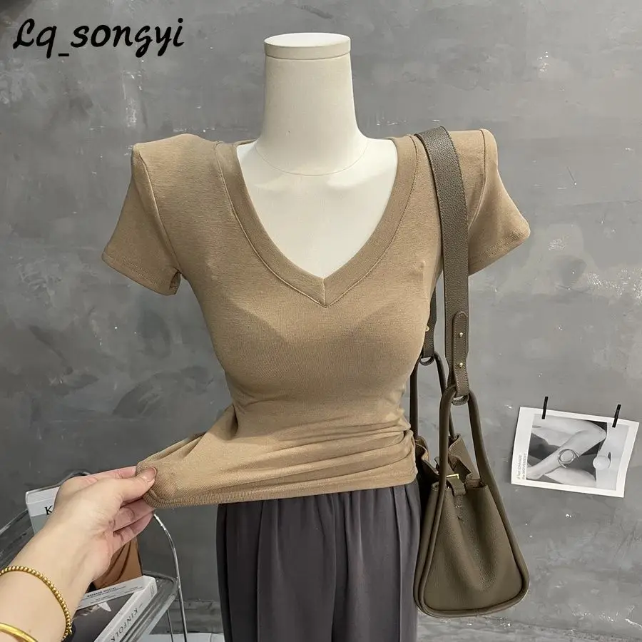 Lq_songyi Met Schoudervullingen! V-Hals T-Shirts Hoge Strecth Korte Mouw Koreaanse Pop Effen Tops Zomer Vrouwen Basis Slim T-Shirt