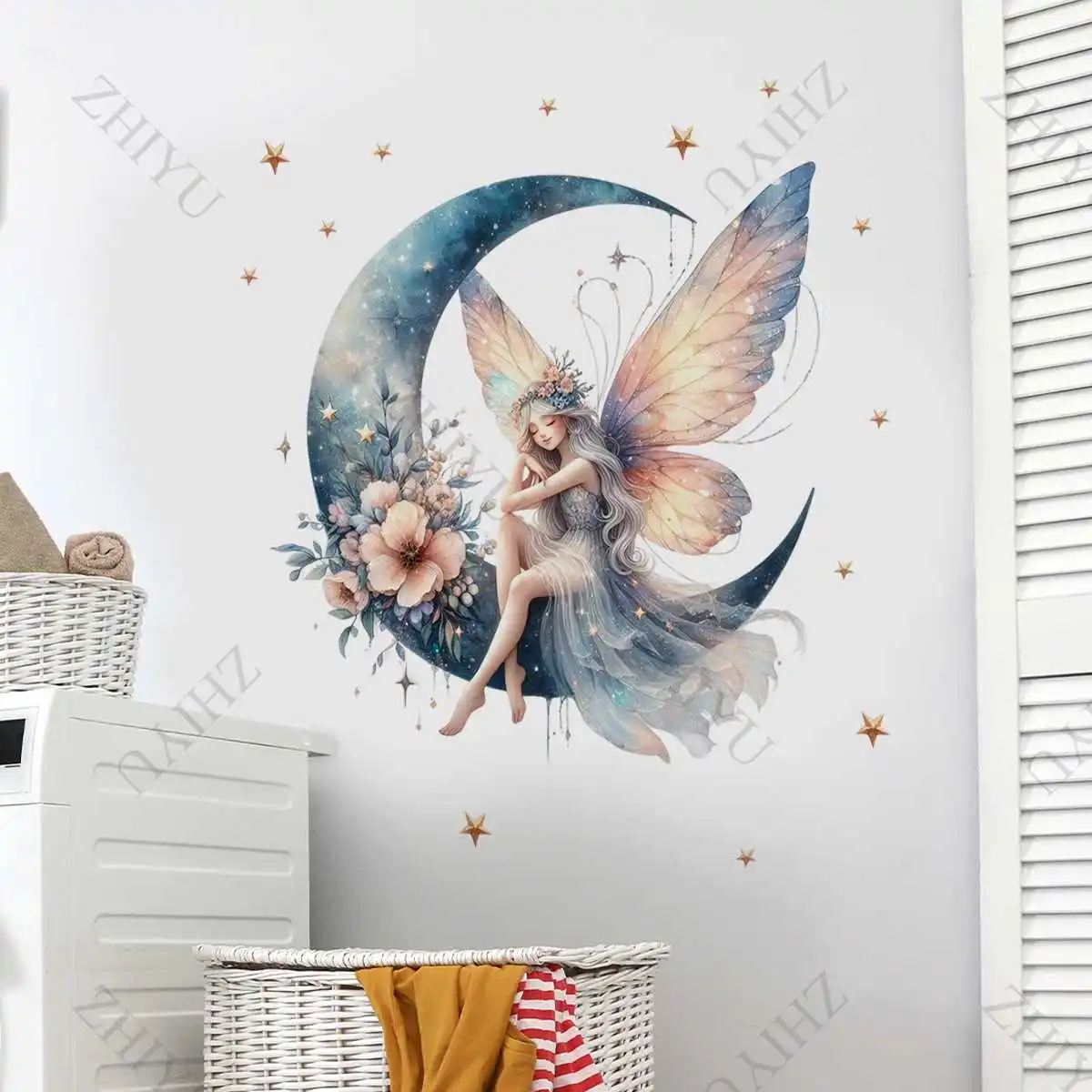 ZHIYU كارتون ذاتية اللصق خلفية الأزرق التدرج فراشة قزم الجلوس على زهرة القمر مع نجمة الجدار ملصق الديكور غرفة نوم #6